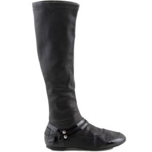 CHANEL black leather knee high flat boots